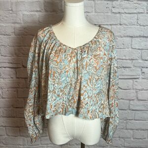 Anthropologie Floral Cotton Blouse Women's XS Tie Sleeve Cottagecore Bohocore